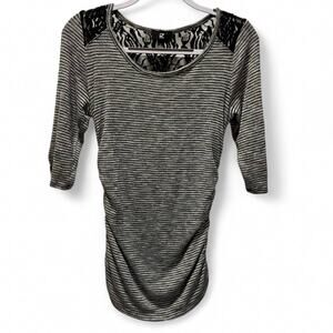 iZ Byer Women’s Striped Lace Yoke Ruched Top Gray Black Goth Whimsigoth L